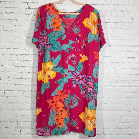 Vintage Hawaiian Midi Dress Womens  Plus 18W Hot Pink Floral Tropical Beach - Picture 2 of 13